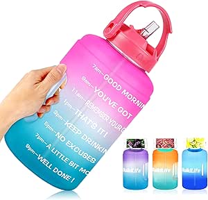 BuildLife 1 Gallon Water Bottle with Straw &amp; Motivational Time Marker Large BPA Free Wide Mouth with Handle Reusable Leakproof to Drink More Water Daily