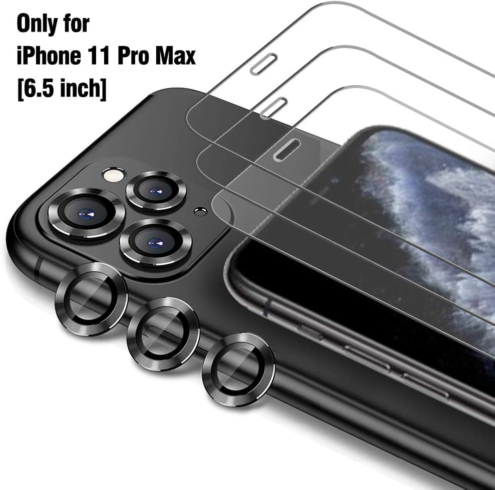 Ferilinso Screen Protector for iPhone 11 Pro Max with 3 Pack Camera Lens Protector, 3 Pack Tempered Glass Film for iPhone 11 Pro Max 6.5 Inch (Black)