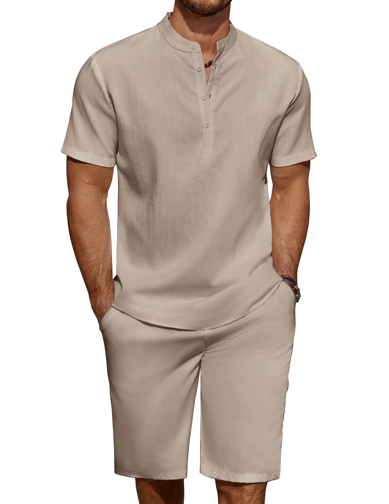 COOFANDY Men's 2 Pieces Linen Set Casual Henley Shirts Short Sleeve Beach Yoga Shorts Summer Pants Outfits