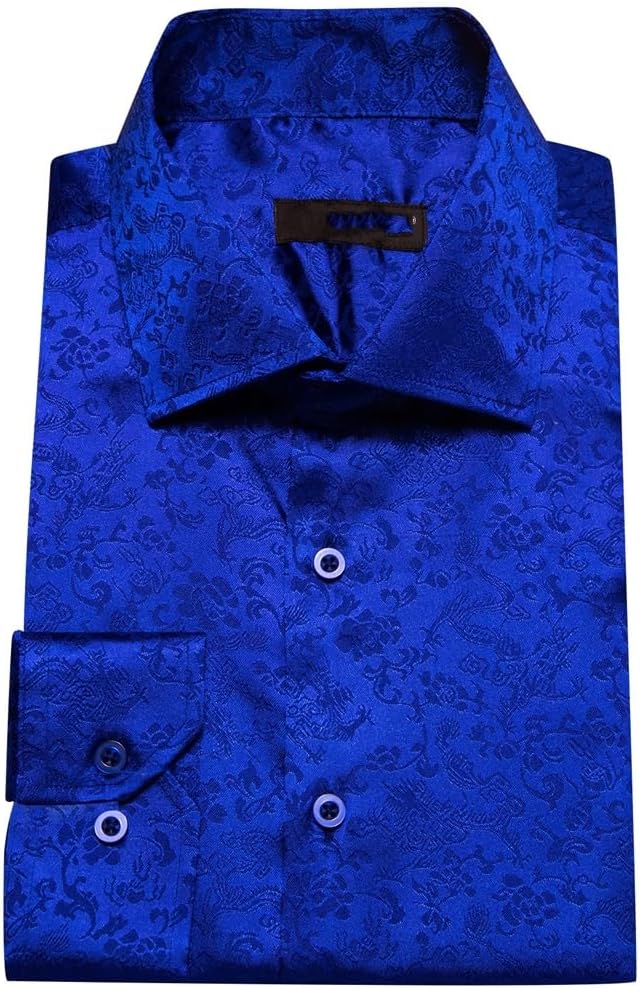 Men Silk Satin Long Sleeve Royal Flower Male Blouses Casual Lapel Tops Breathable Streetwear