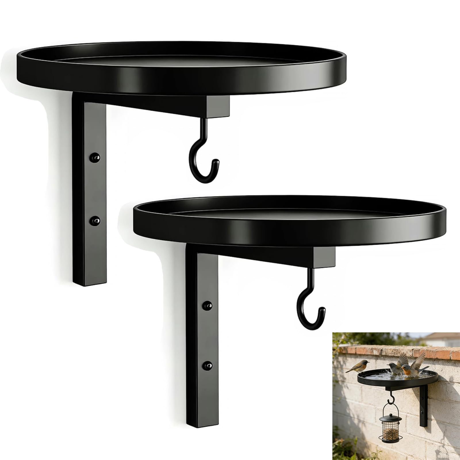 Vasca per il bagno degli uccelli in metallo montata a parete, vasca per gli uccelli montata a parete sull'albero nero, vassoio per mangiatoia sospeso da 7,9 pollici con staffa a gancio (2PCS)
