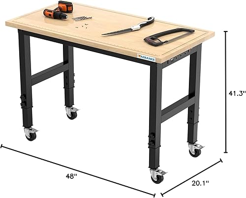 Miniatura 7 de LARBANKE Banco de trabajo de garaje resistente de 48 pulgadas, banco de trabajo de madera de goma con 5 alturas ajustables, mesa de trabajo de