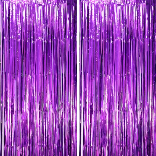 Image of Voircoloria 2 Pack Purple Tinsel Foil Fringe Curtains, Purple Party Decorations, Metallic Tinsel Party Streamers Backdrop for Halloween Mermaid Bachelorette Graduation Party Decorations