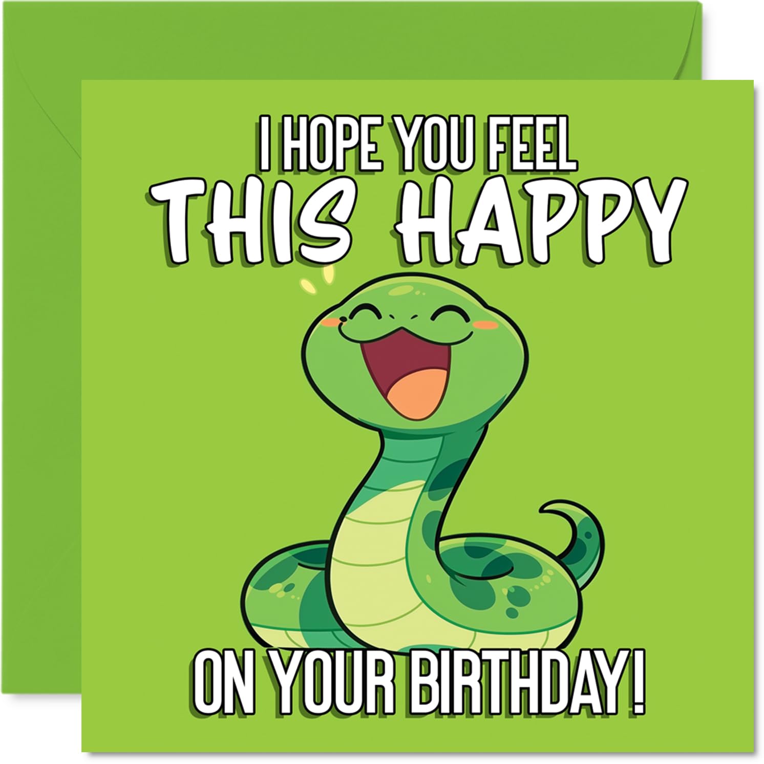 Playful Birthday Card - Brighten Their Day - Cheerful Cartoon Snake on a Vivid Green Background - Bursting with Joyful Birthday Vibes - 145mm Square, Envelope Included