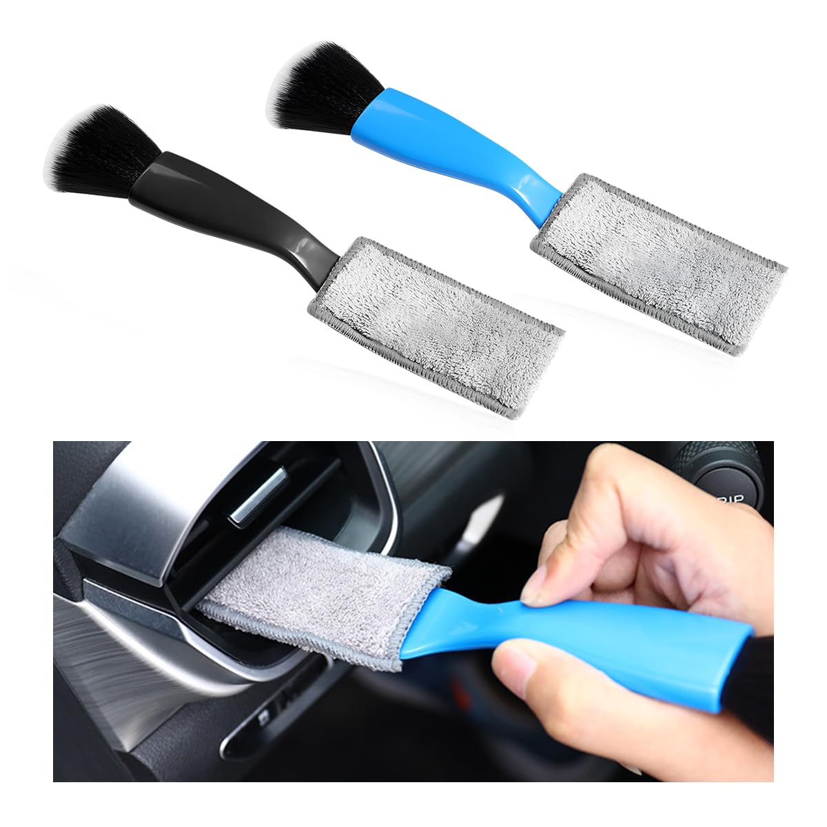 Yourkar 2 PCS Car Double Head Brush, Automotive Interior Dusting Brush with Dual Head Brushes, Detailing Brushes for Cleaning Most Cars Dashboard, Air Vent, Screen, Car Accessories (Blue+Black)