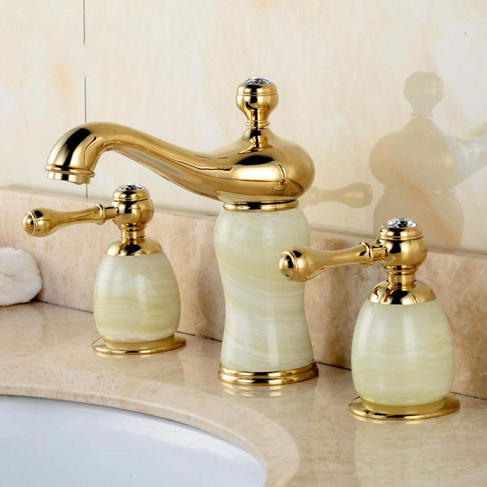 Linyuan Natural jade brass gold 3 holes Bathroom Taps Bathtub hot and cold wash basin faucet Mixer
