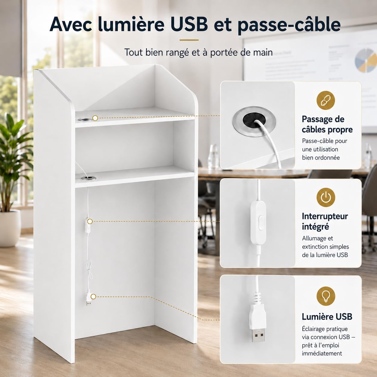 Comptoir de réception avec éclairage LED et étagère d'exposition, Table de Caisse avec 2 Compartiments de Rangement, Petit comptoir de réception pour Bureau, Magasin, Salon, 59 x 39 x 109 cm