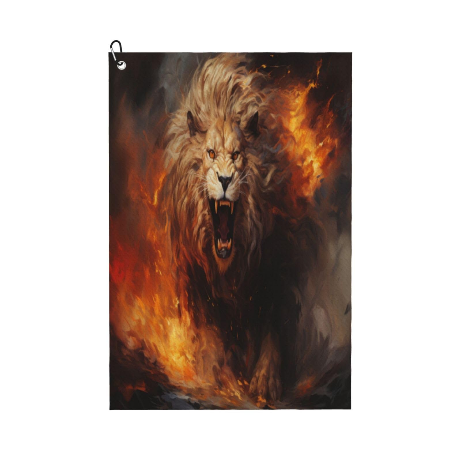 AOOEDM Cool Fire Lion Print Golf Towel with Carabiner Clip Absorbent Microfiber Golf Towel for Cleaning Golf Ball Club Putter Iron for Golf Bag Trolly Belt Loop 16" X 24"