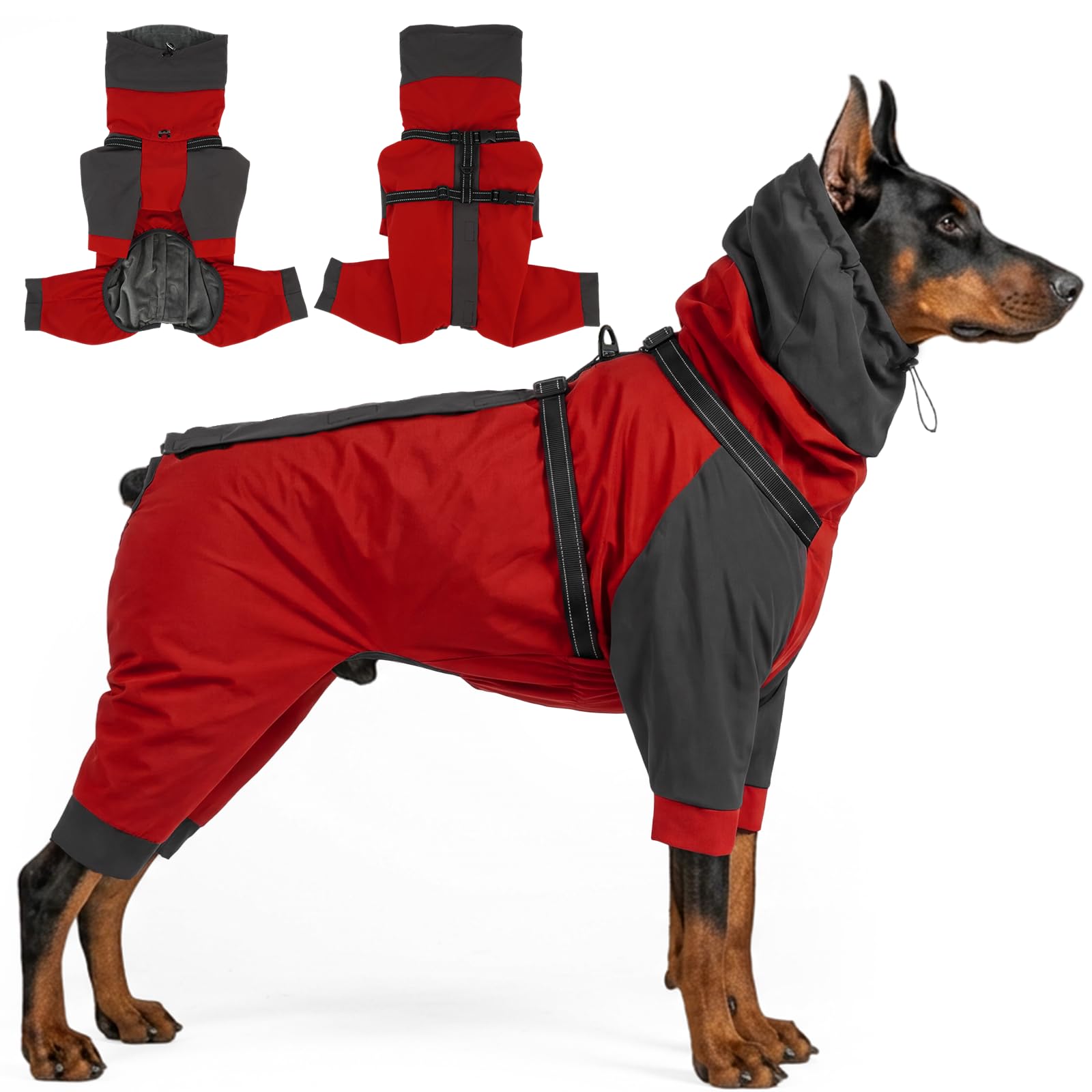 Lelepet Waterproof Dog Coat with Harness, Warm Dog Winter Apparel, Red XL