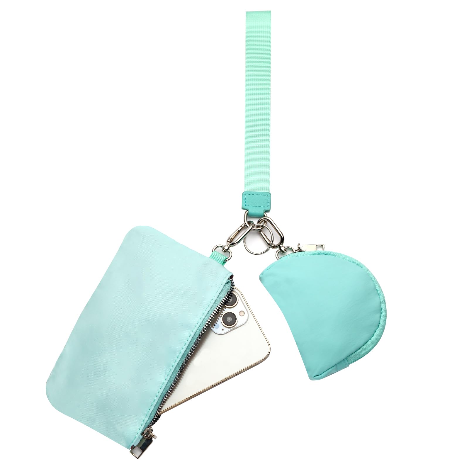 Mini Zip Around Wristlet Keychain Wallet for Women Detachable Dual Pouch Wristlet Portable Phone Coin Purse Coin Pocket (Light Blue+Dark Blue)