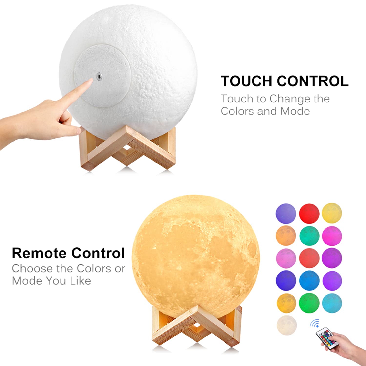 Uten Lampada a forma di luna a LED con telecomando, luce decorativa colorata 3D, con luna, luce notturna portatile, con sensore touch, lampada da tavolo, batteria integrata dimmerabile
