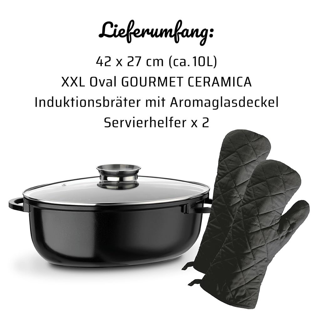 GSW 410588 Gourmet Ceramica Induktion Bräter XXL oval mit Aroma-Glasdeckel 10 L, Aluguss, schwarz gesprenkelt, 42 cm 4 Einheiten