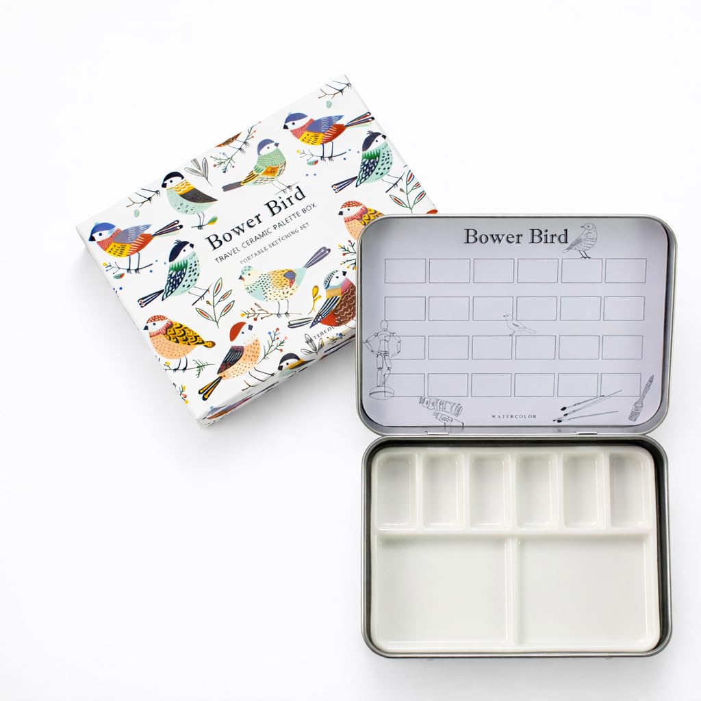 Photo 1 of Bower Bird Travel Ceramic Watercolor Palette with 12-Well Porcelain Mixing Tray & Metal Tin Box - Portable Art Kit for Gouache, Studio & Outdoor Painting (8Well)