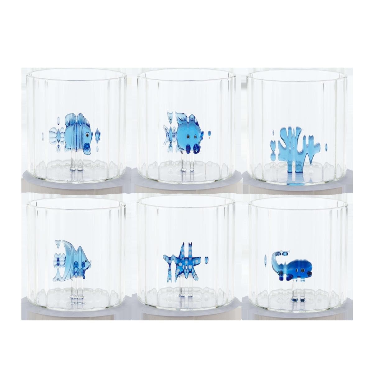 Henriette Set di 6 Bicchieri in Vetro Trasparente Ondulato con Figure Marine Blu, Pesci Stella Marina Corallo Balena, Tema Oceano