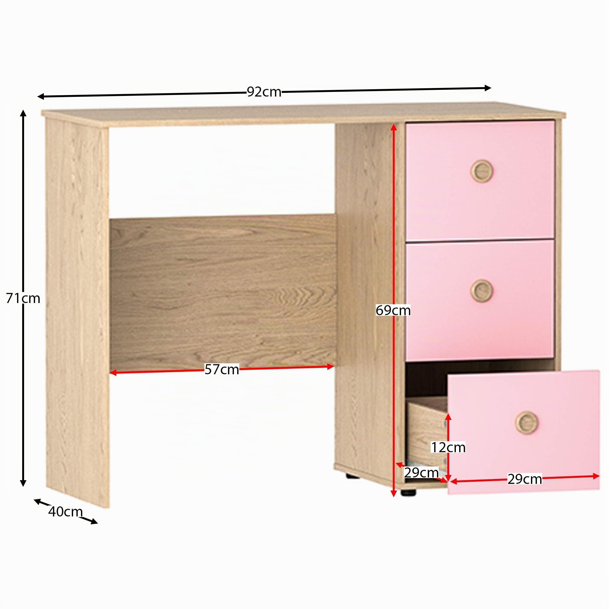 Junior Vida Neptune - Escritorio de 3 cajones para Ordenador o portátil, estación de Trabajo para Estudio en casa, Muebles para niños (Rosa y Roble)