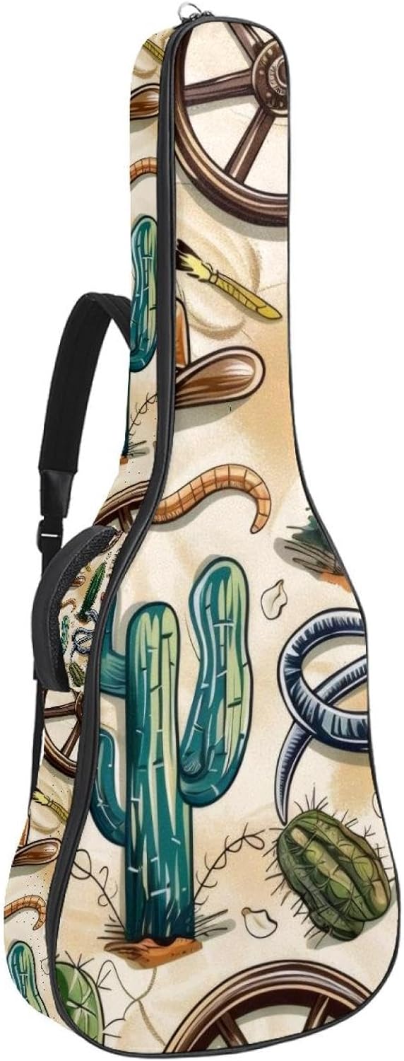 Acoustic Guitar Bag 0.4 Inch Thick Padding Waterproof Guitar Case Gig Bag for 40 41 42 Inch Electric Bass Classical Guitar, Western Nature Cactus Snake Owboy Boots and Hat