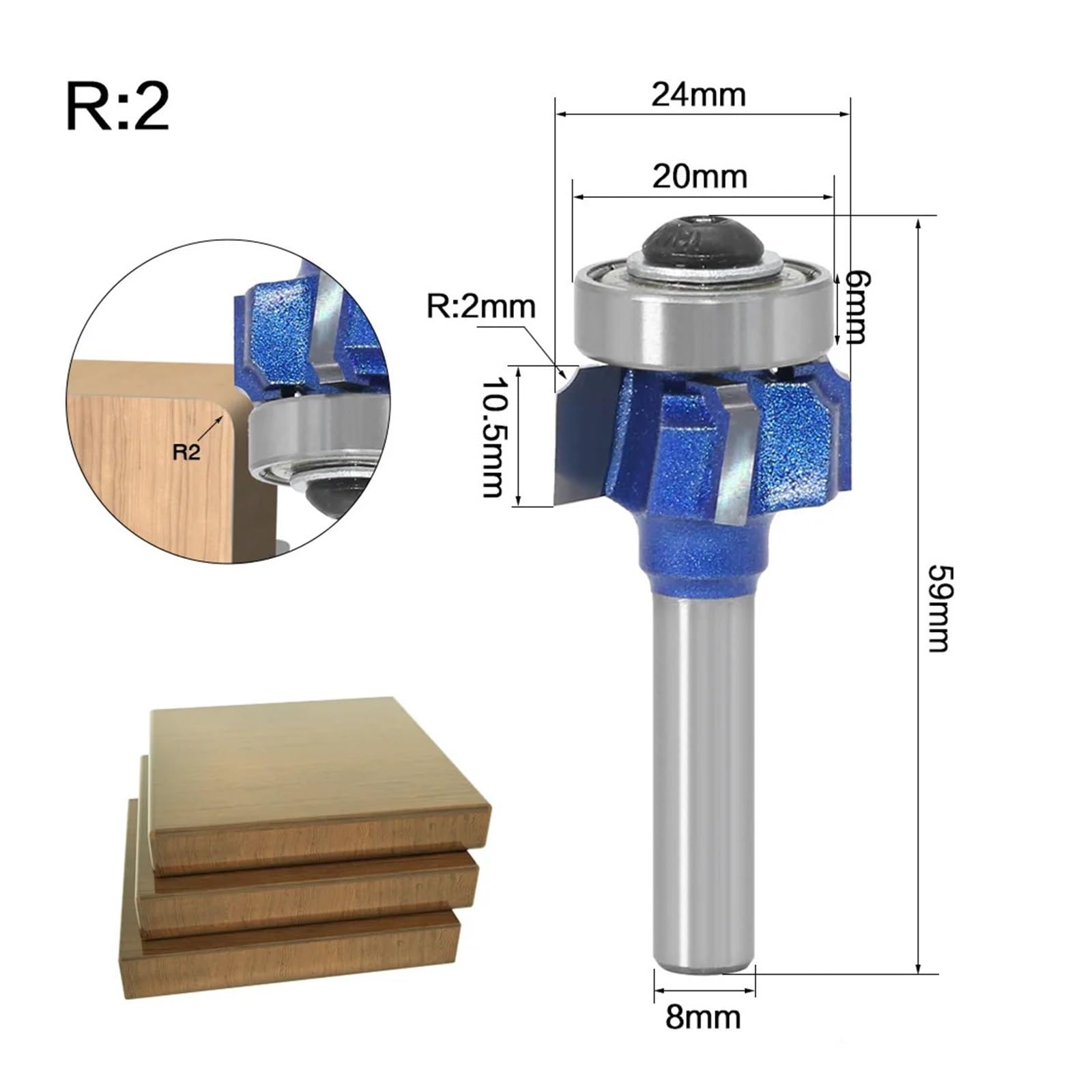 1/3 sztuk 8mm Shank frez do drewna R1mm R2mm R3mm nóż przycinania trymer krawędzi 4 zęby(R2 8mm shank)