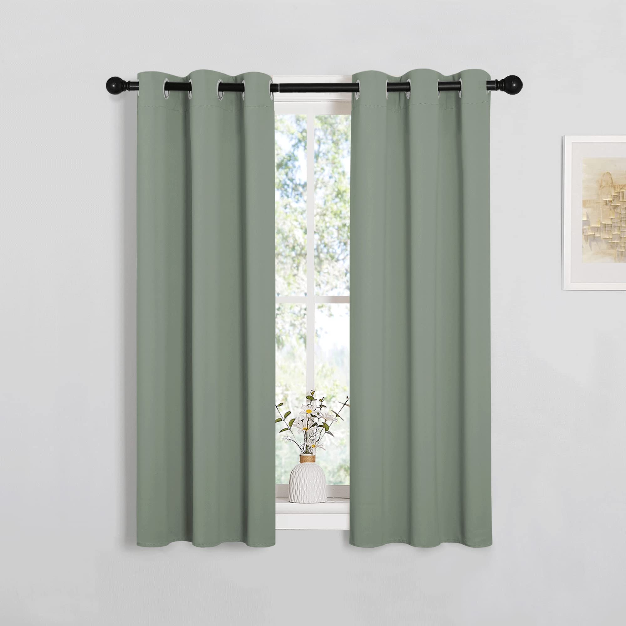 NICETOWN Bedroom Curtain Panels Blackout Draperies, Thermal Insulated Solid Grommet Blackout Curtains/Drapes (1 Pair, 29 by 45 inches, Greyish Green)