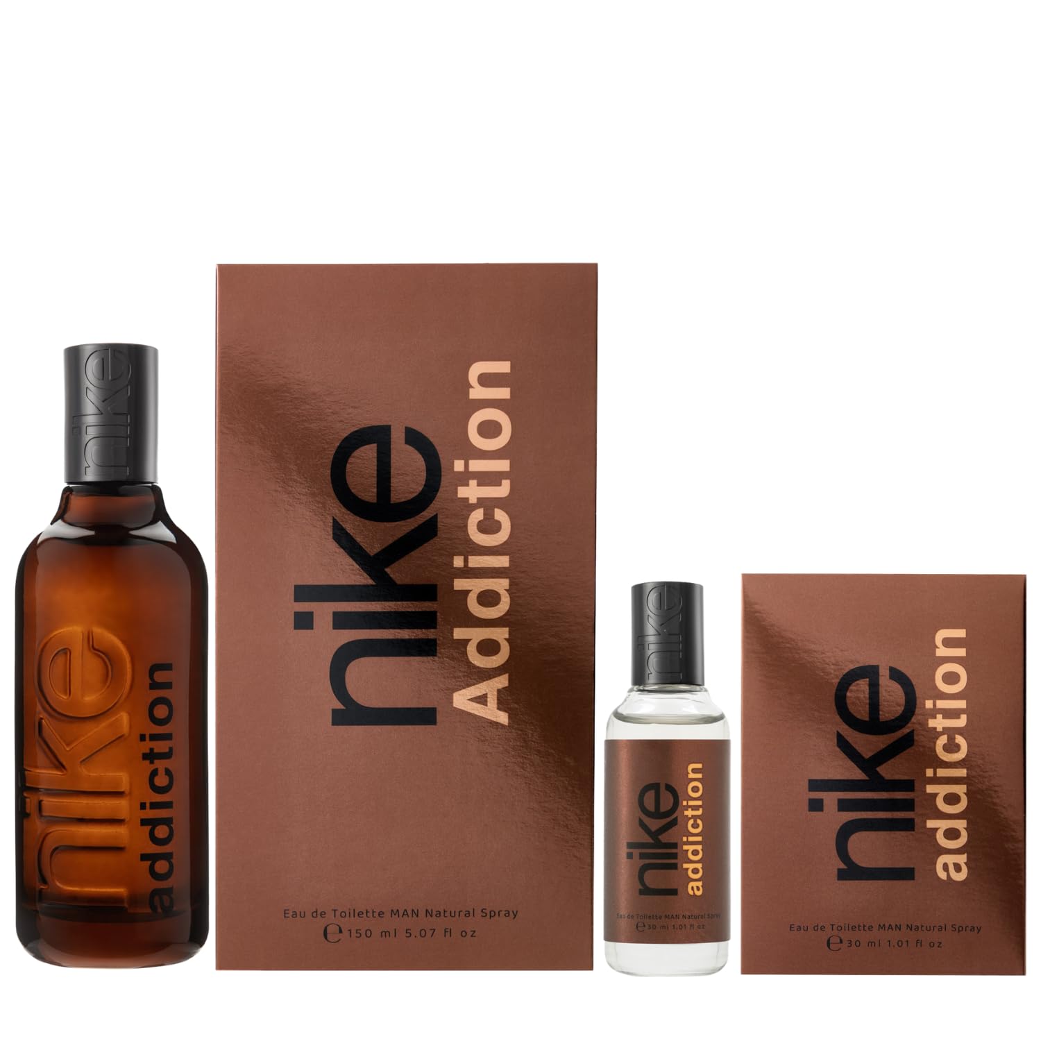 NIKE - Addiction Man Promoción 150 ml + 30 ml, Colonia Hombre, Eau de Toilette Natural y Masculina, Aroma Amaderado Balsámico, Fragancia Fresca y de Larga Duración