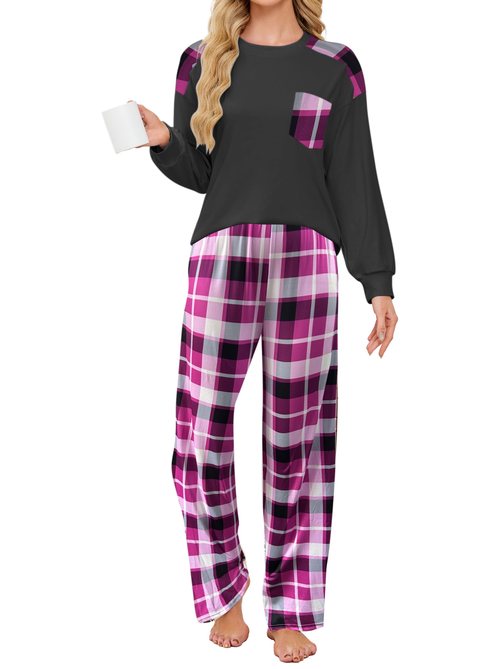 Famulily Womens Pyjamas Set 2 Piece Long Sleeve Pj Sets With Long Plaid Pants Patchwork Sl...