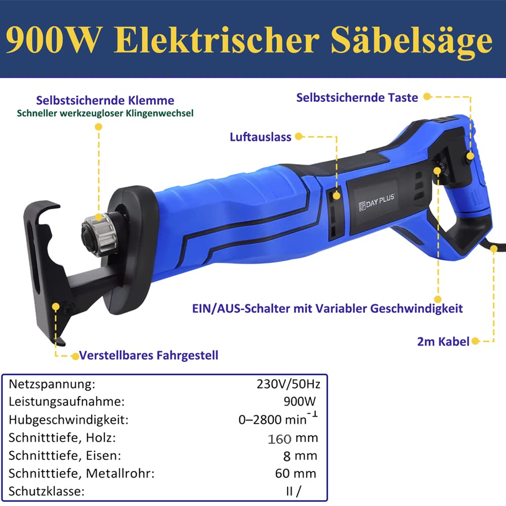 Sierra de sable eléctrica, 900 W, sierra de calar, sierra de calar, sierra de mano, sierra universal para madera y metal con 5 hojas de sierra, 0-2800 rpm, velocidad variable, cambio de hoja sin