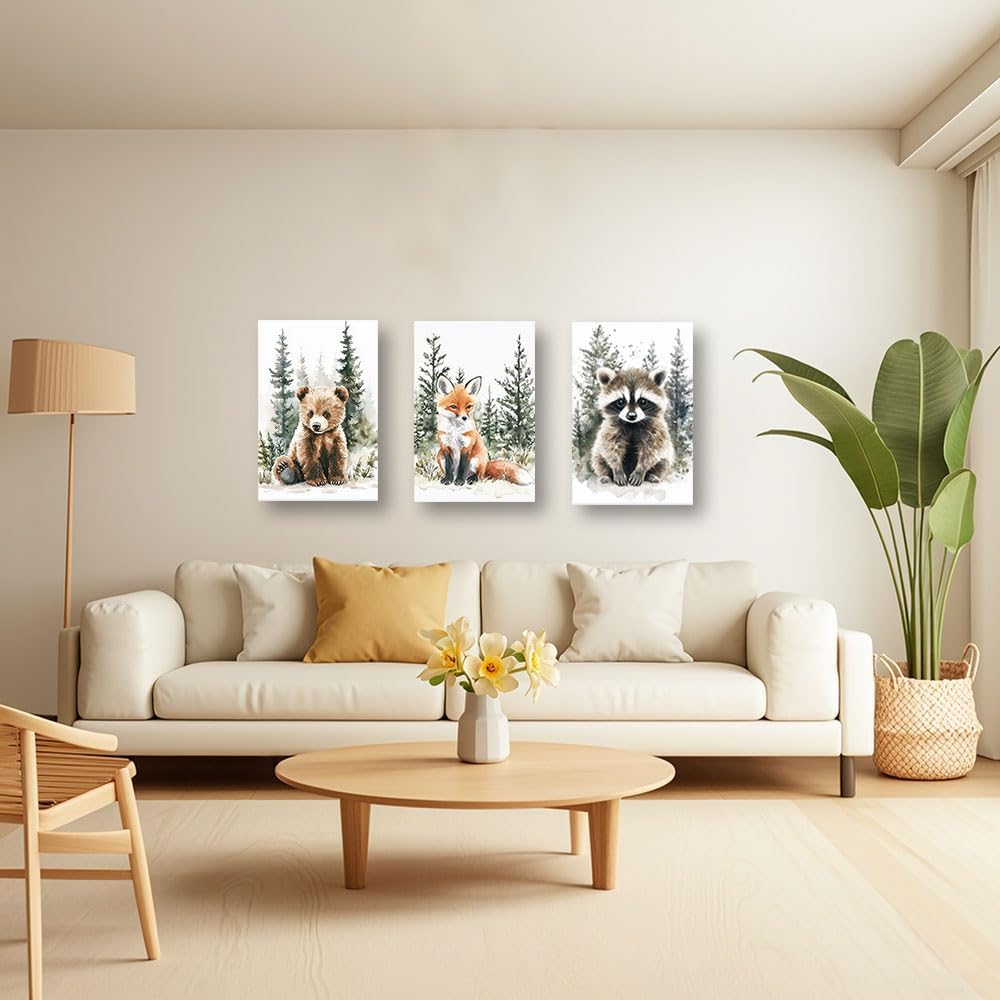 CXHOSTENT Woodland Animal Nursery Wall Art Forest Animal Wall Decor 3 Pieces Fox Raccoon Bear Pictures Adventure Canvas Kids Room Decor Framed (11x14inchx3Pcs)