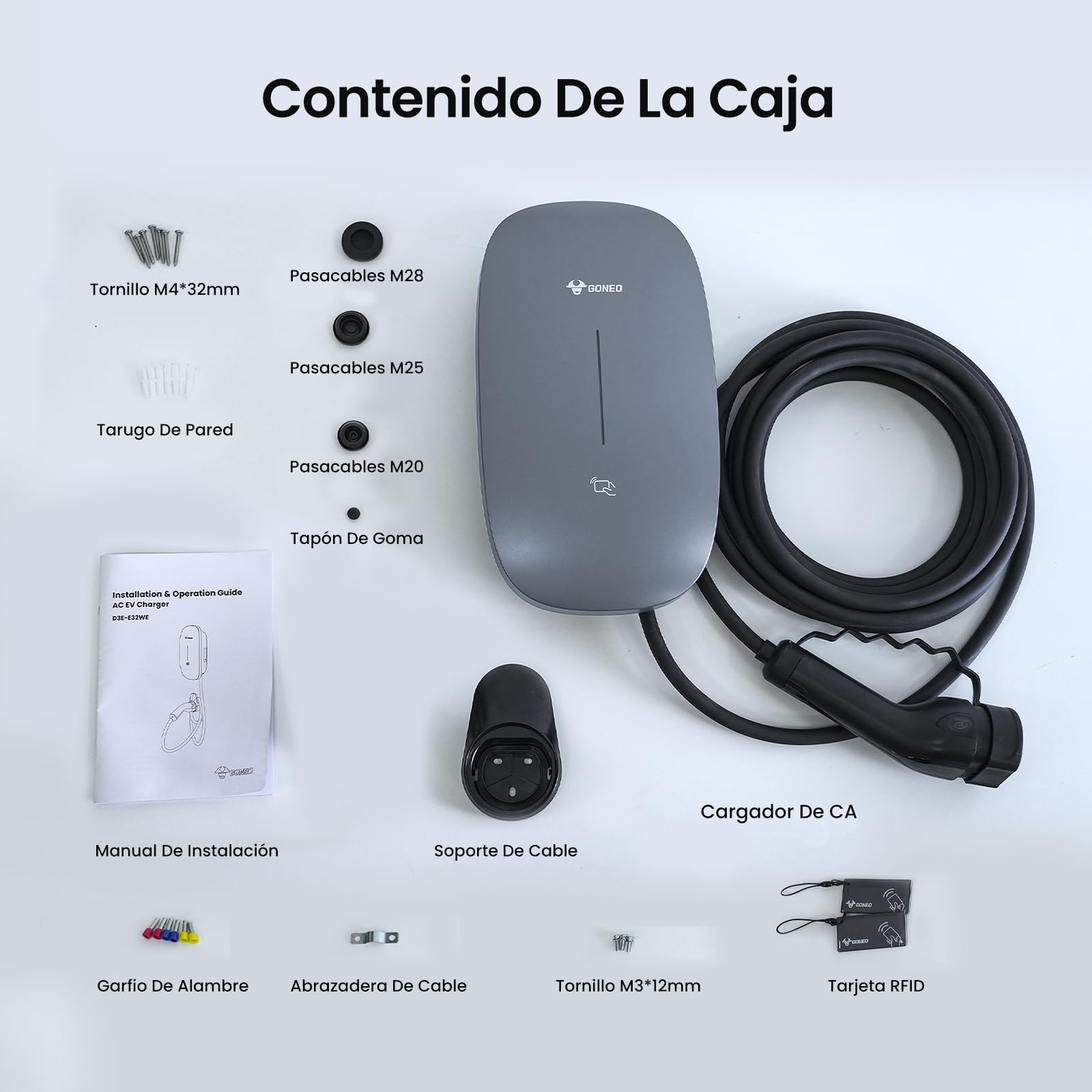 GONEO Wallbox 7kW Cargador Coche Electrico con App, Cable Tipo 2 de 7M, (32A, 230V) RFID, IK10, IP65, con RCD Tipo A 30 mA CA + 6 mA DC