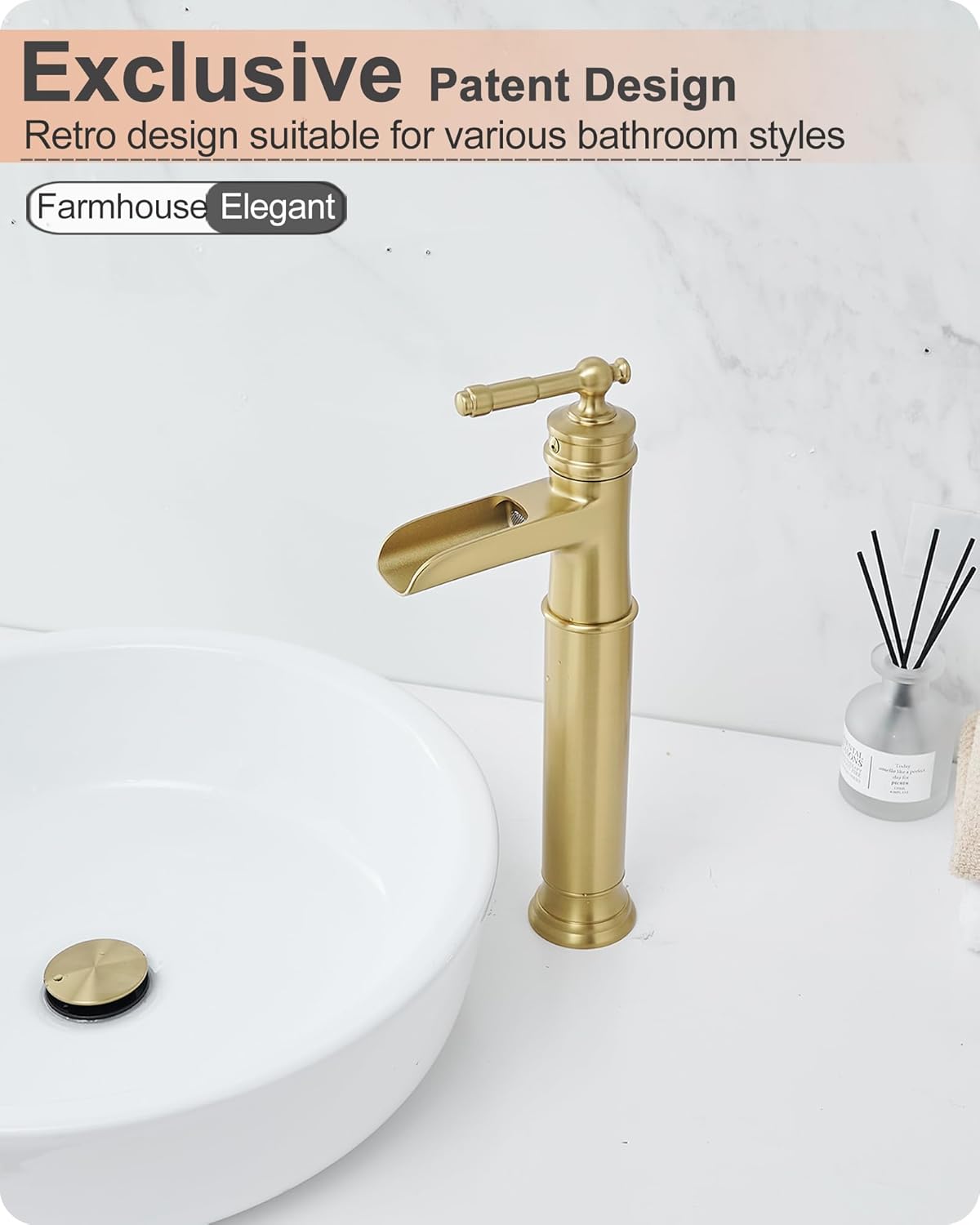 Gold Vessel Sink Faucet, Brass Waterfall Tall Faucet for Bathroom Sink 1 Hole with Single Handle, Pop-up Drain & cUPC Water Hoses for Antique Bowl Basin Save Water
