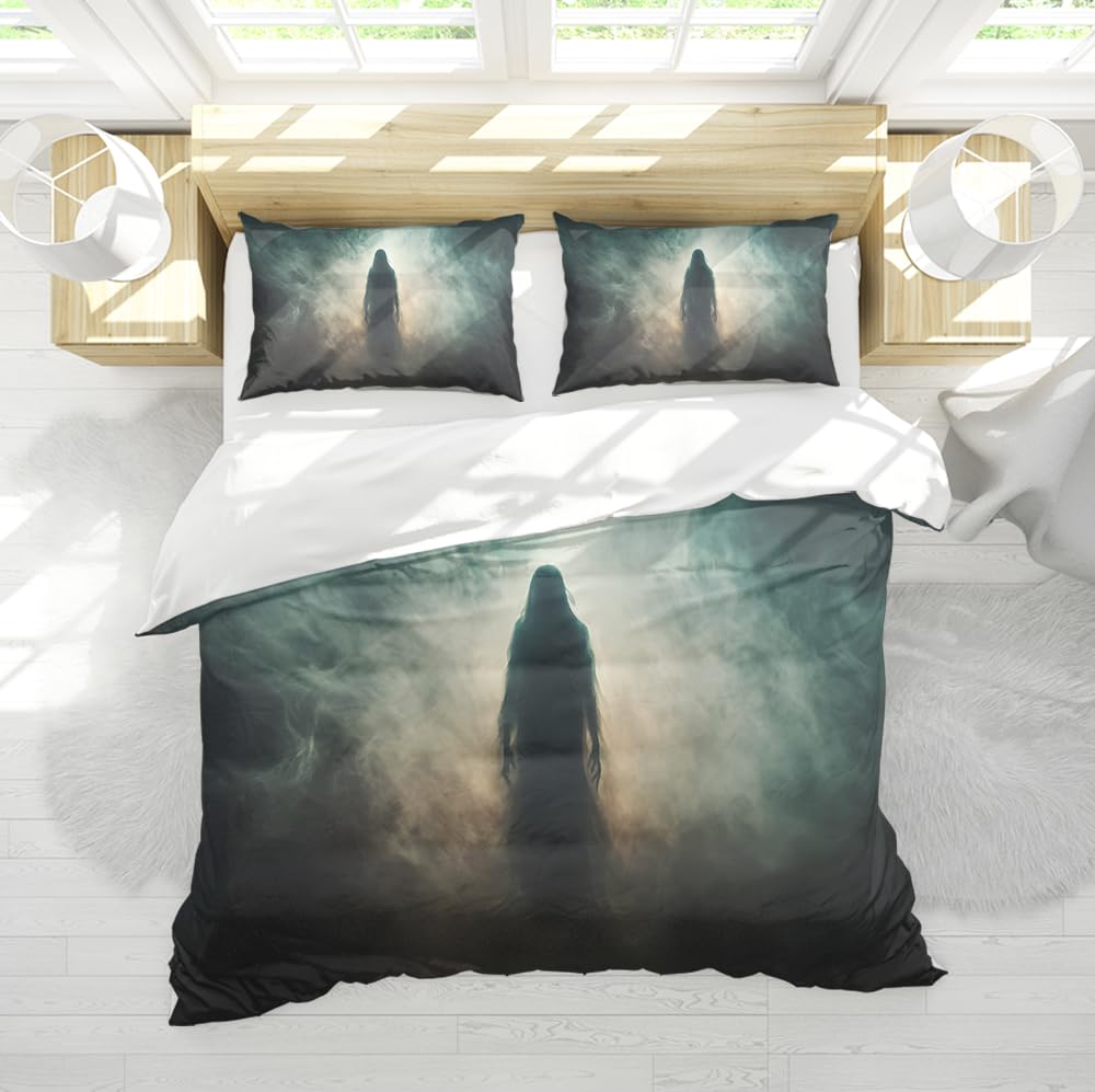 Gothic Ghosts 3-częściowy zestaw poszewek na kołdrę Mglista noc scena mglista scena 1 poszewka na kołdrę z zamkiem błyskawicznym 4 opaski na głowę 2 poszewki na poduszki 200 x 200 cm