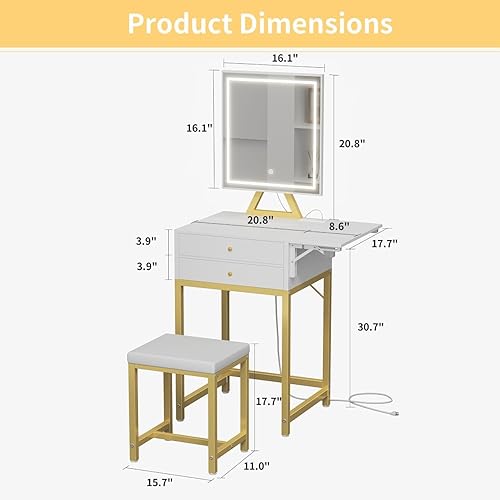 Miniatura 2 de Small Makeup Vanity Desk with Lights - White Girls Vanity Set with Mirror and Chair, Make Up Dresser Table with Drawers and Power Outlet for Bedroom