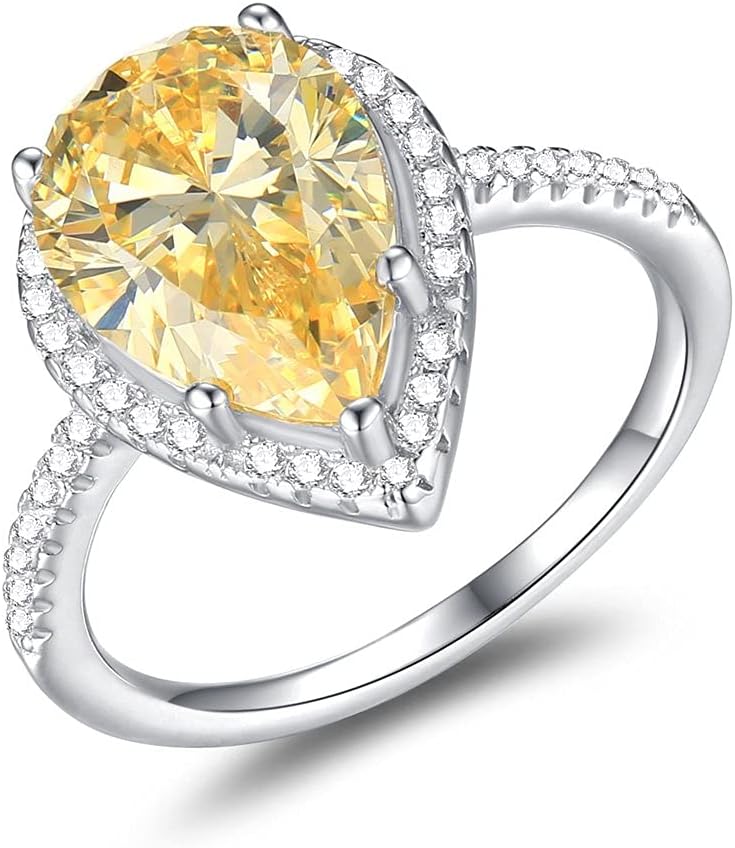 Mozume Women's Pear-Cut 5ct Yellow Cubic Zirconia Cocktail Engagement Wedding Anniversary Rings Sterling Silver 925