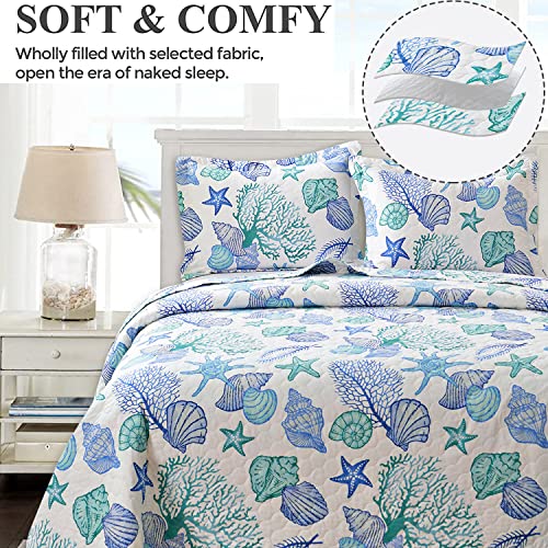 Junsey 3 Piece Quilts King Size Ocean Theme,Lightweight Coastal Beach Bedding Seashell Conch Starfish Bedspread Coverlet With 2 Pillowshams #TOP4