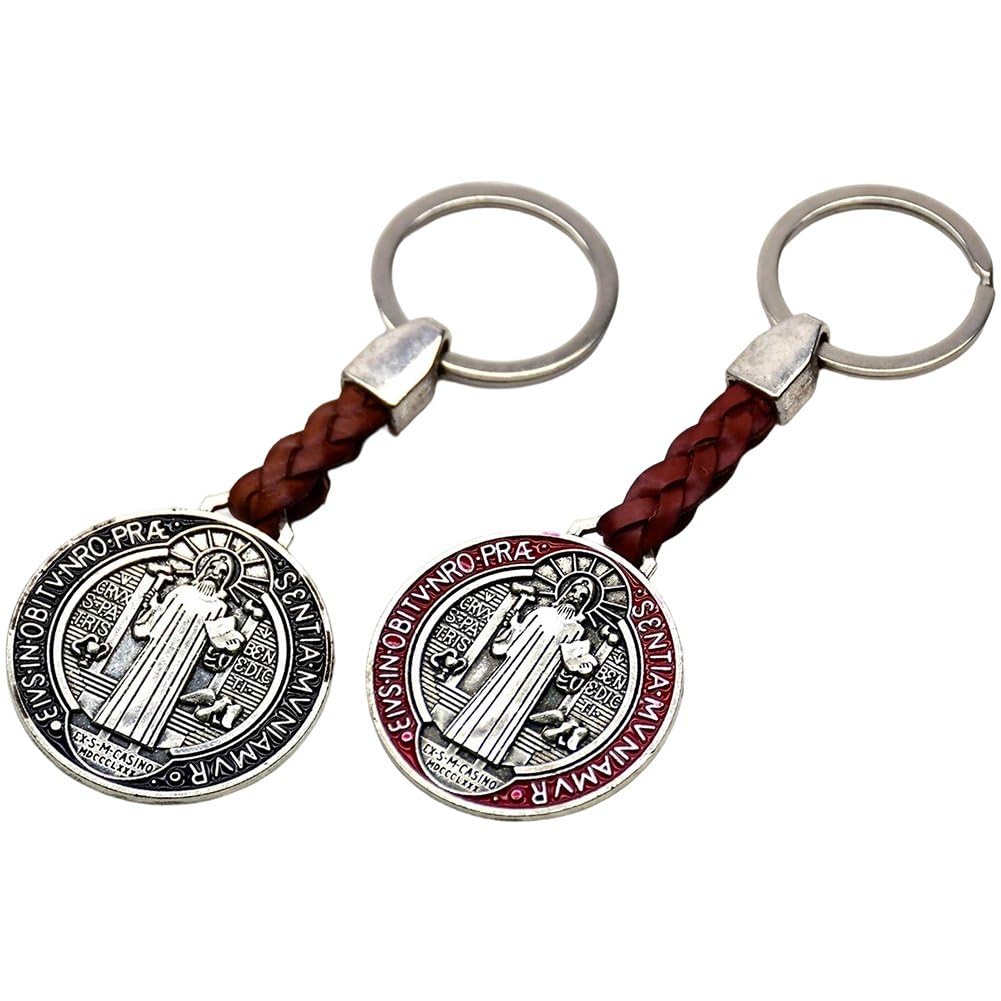 Luxylei 2 Pcs Saint Benedict Medal Keychain, St Benedict Jubilee Medal Keychain Pendant Religious Keyring Bag Charm for Luck & Protection