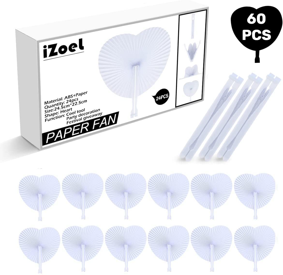 iZoeL Hand Fan Folding 60 Pezzi Ventagli Pieghevoli Bianchi Ventaglio Pieghevole Forma Cuore Ventaglio Matrimonio Maniglia Plastica per Regali Gli Invitati Bomboniera Ospiti Baby Shower Ventagli