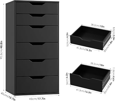 FOREHILL Blcak Chest of Drawers Bedroom Tall Storage Cabinet with 6 Drawers | Dresser Cabinet, Bedroom Furniture, Wooden Cupboard for Living Room Hallway, Drawers with 2 Sizes, 45 x 40 x 90.5cm