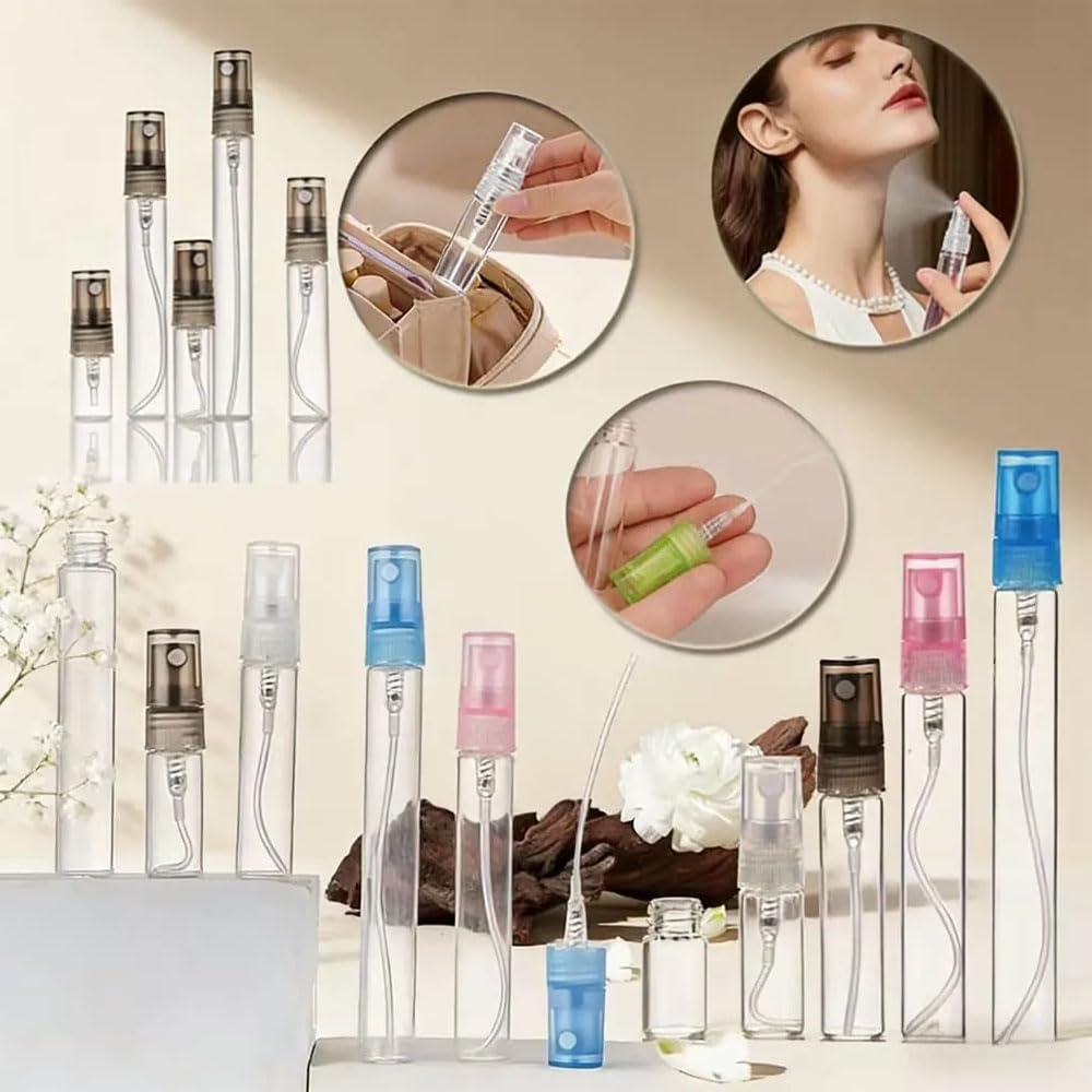 100 unidades de frascos pequeños vacíos transparentes de vidrio para perfume, atomizadores rellenables, con capacidad de 2 a 10 ml, portátiles, ideales para viajes y muestras (100,5ml,Tapón rosa)