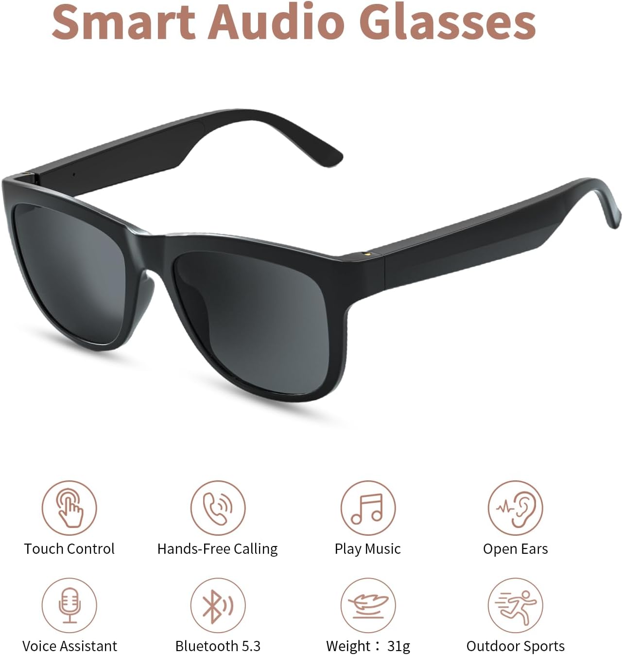 Smart Audio Glasses features including touch control, hands-free calling, music playback, open ears, voice assistant, Bluetooth 5.3, light weight, and suitability for outdoor sports.