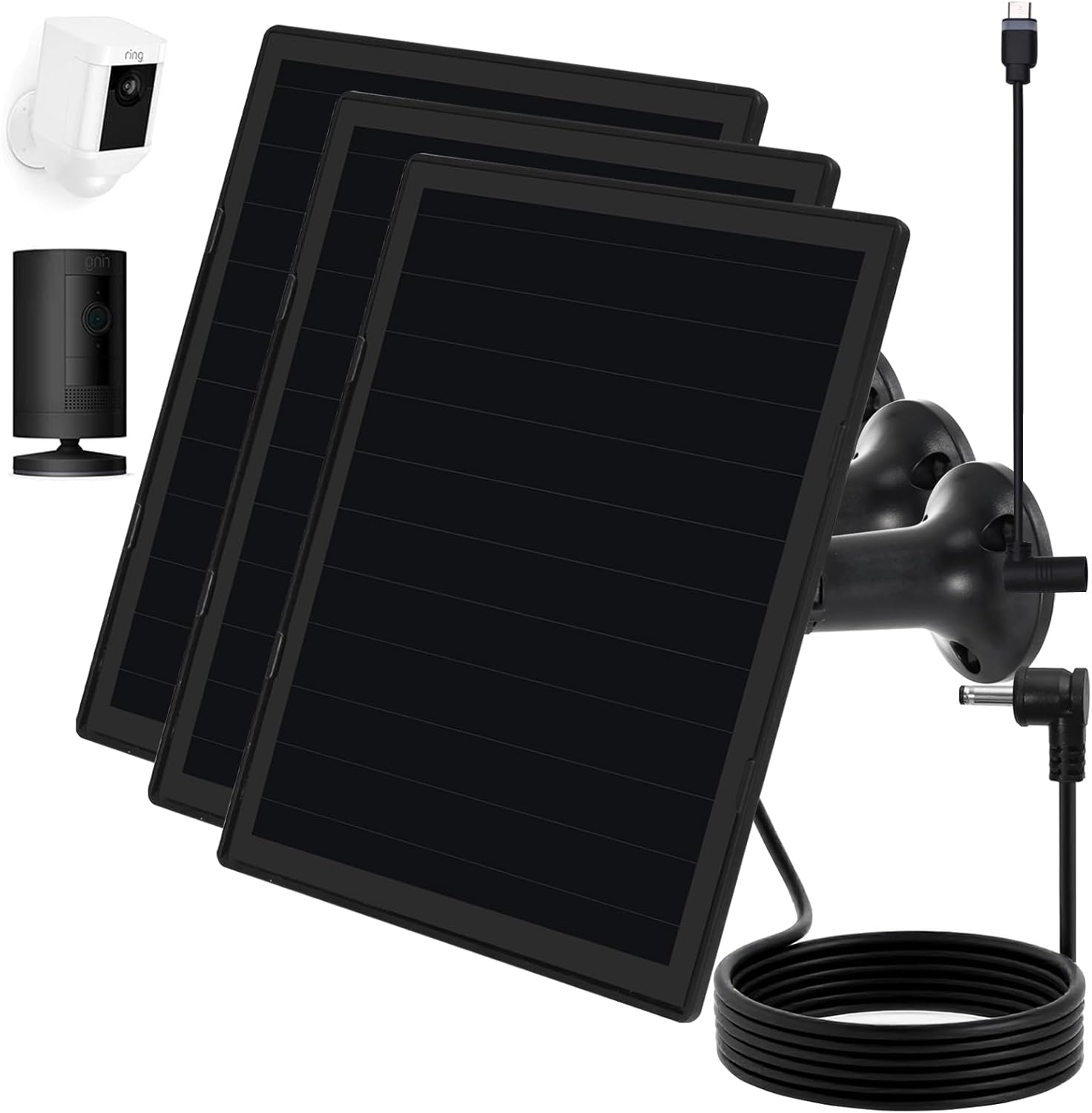 Solar Panel for Ring Camera, Compatible with Ri ng Stick Up/Pro Cam Battery, Ring Spotlight Plus/Pro Battery, Waterproof 5V5W, 9.8 inch Long Charging Cable (3Pack Black)