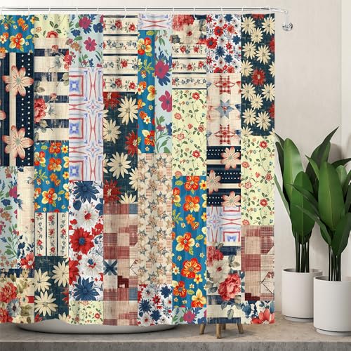 Lofaris Vintage Patchwork Shower Curtain 72x72 Inches, Red Blue Beige Floral Geometric Design, Polyester Fabric with 12 Hooks, Rustic Country Style Bathroom Decor
