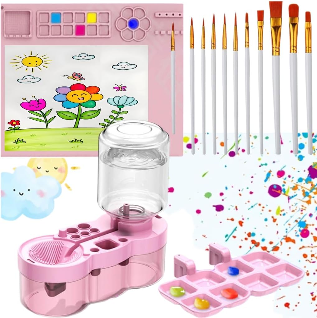 Paint Station - paint brush cleaner with 10 Paint Brushes and 20×16 Inch Silicone Painting Mat, Reusable Art Supplies for Kids, Adults & Beginners - Perfect for Watercolor, Acrylic, Oil Painting(Pink)