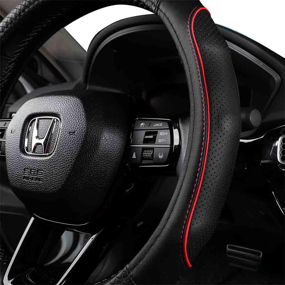 EKR Universal 15 inch Leather Steering Wheel Cover - Genuine Leather, Breathable, Anti Slip & Odor Free (Black with Red Lines, M(14" 1/2-15" 1/4))