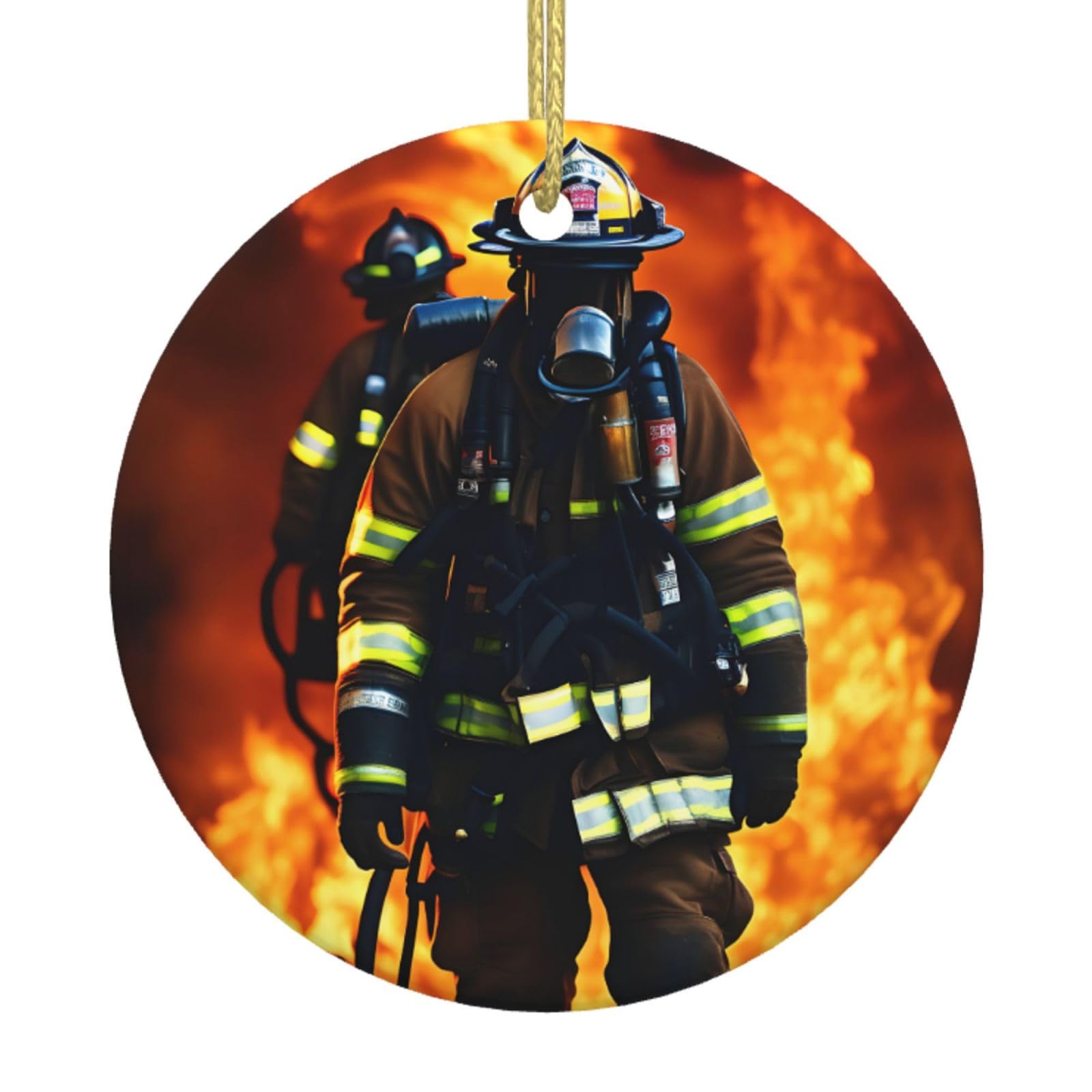 Firefighter Fireman Flame Print Christmas Ornaments, Ceramic Hanging Ornament, Round Shape Decorations
