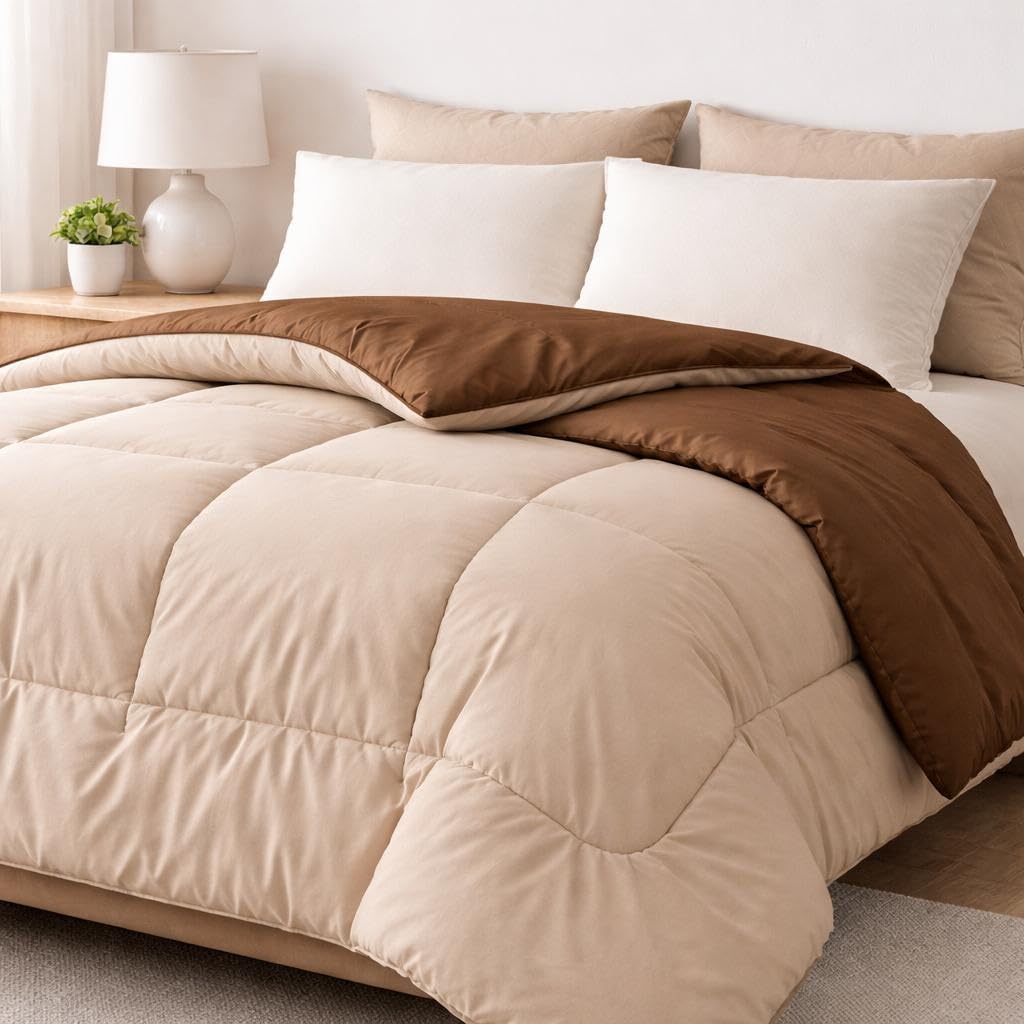 Reversible Single Comforter - 60x90 Inches | Heavy Glace Cotton All-Season AC Quilt | Solid Dual-Tone Soft & Breathable Blankets for Single Bed, Cream Brown-image-24