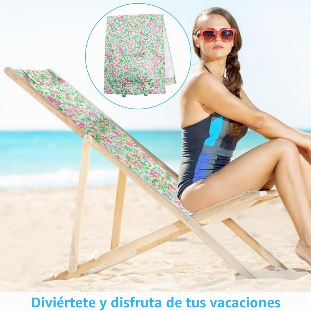 GORGECRAFT Sillón de Playa de Lona con Almohada de 141x43cm, Estampado Rosa Y Verde, de Repuesto para Tumbonas, de Tela de Lona, Plegable, para Exteriores, para Patio, Jardín, Tomar el Sol