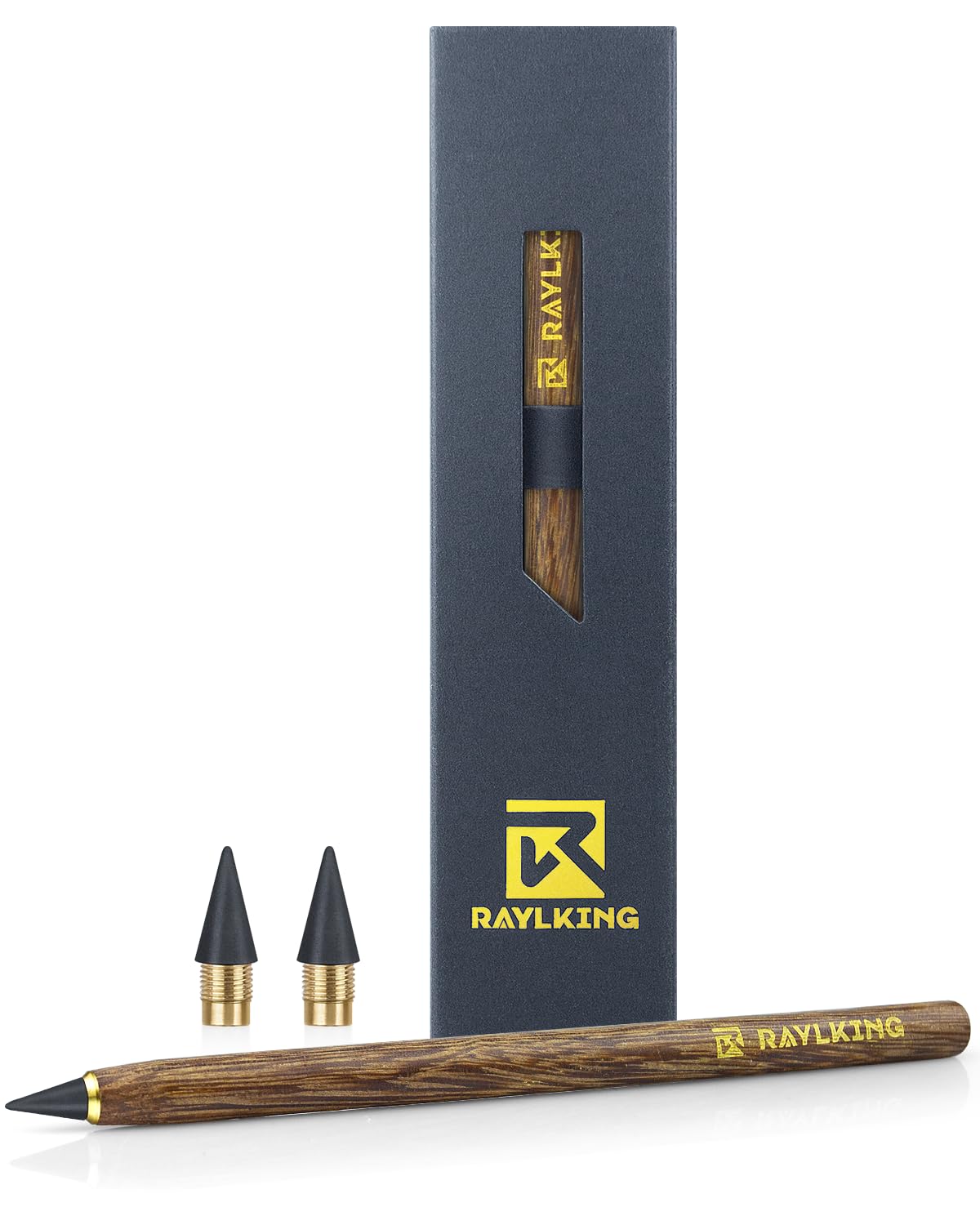 RaylKING B300 Lápiz perpetuo de madera de palisandro – Lápiz de grafito recargable con 3 puntas HB y rosca de latón en elegante caja de regalo