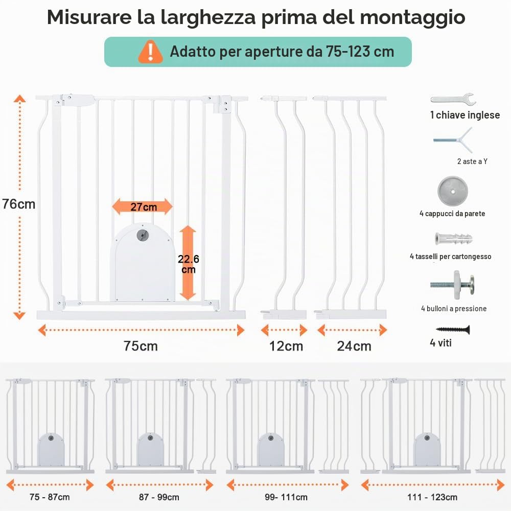 COMOMY Cancelletto per Bambini con Porta per Gatti Regolabile, Cancelletto per Gatti In Extra Largo da 75 a 123cm, Cancelletto per Cani a Chiusura Automatica con Porta per Animali (Alto 76cm, Bianco)