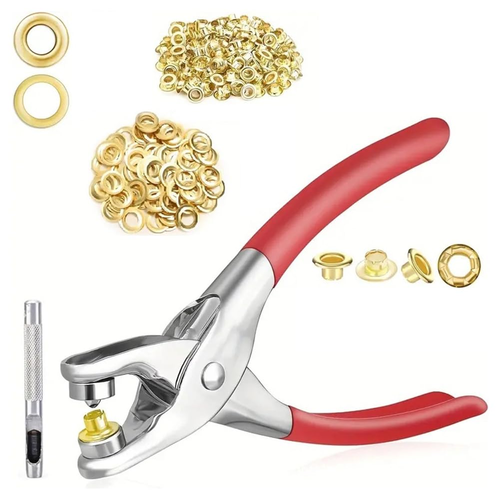 pofaa 6mm Grommet Eyelet Plier Set, Eyelet Hole Punch Pliers Kit with 100 Metal Eyelets, Grommet Tool Kit for Leather Cloth