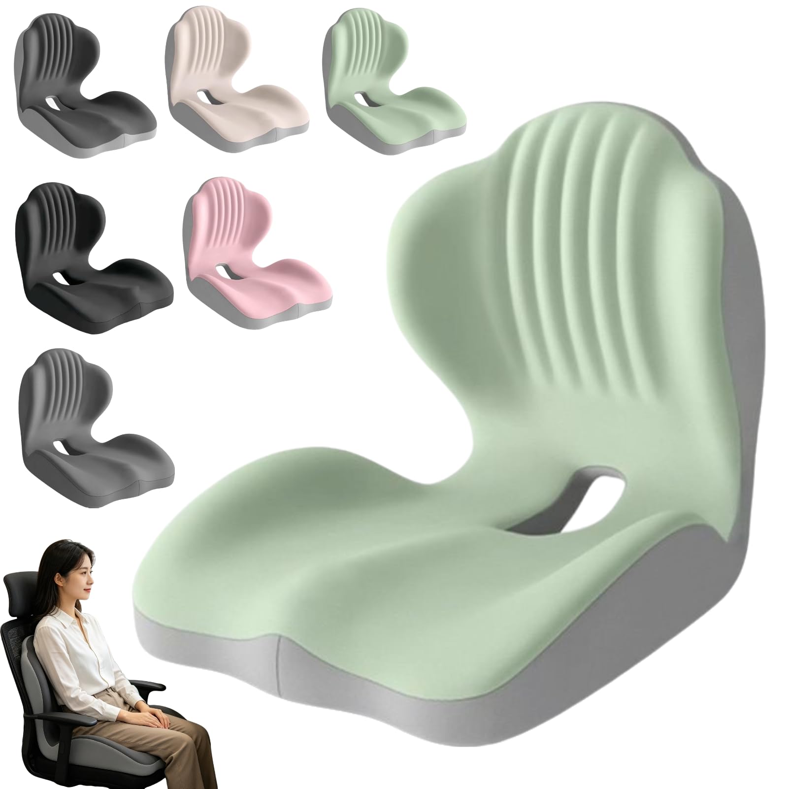 Kryilut Ergonomic Memory Foam Seat Cushion With Back Support, Office Chair Cushion For Back And Butt Comfort, High-Density Memory Foam L Shaped Cushion For Car, Office And Home Use (Green)