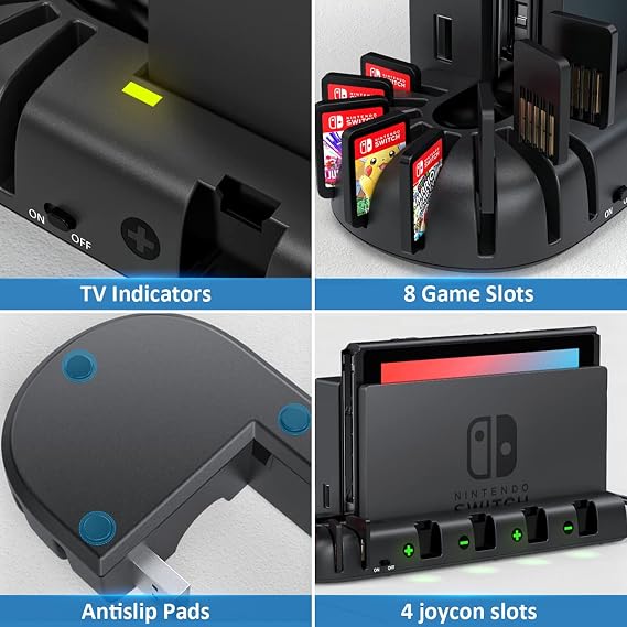 Switch Controller Charger Dock Station Compatible with Nintendo Switch Accessories & OLED Model Joycons, KDD Joycon Charging Dock Station with Upgraded 8 Game Storages, Game Accessories