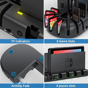 Switch Controller Charger Dock Station Compatible with Nintendo Switch Accessories & OLED Model Joycons, KDD Joycon Charging Dock Station with Upgraded 8 Game Storages, Game Accessories